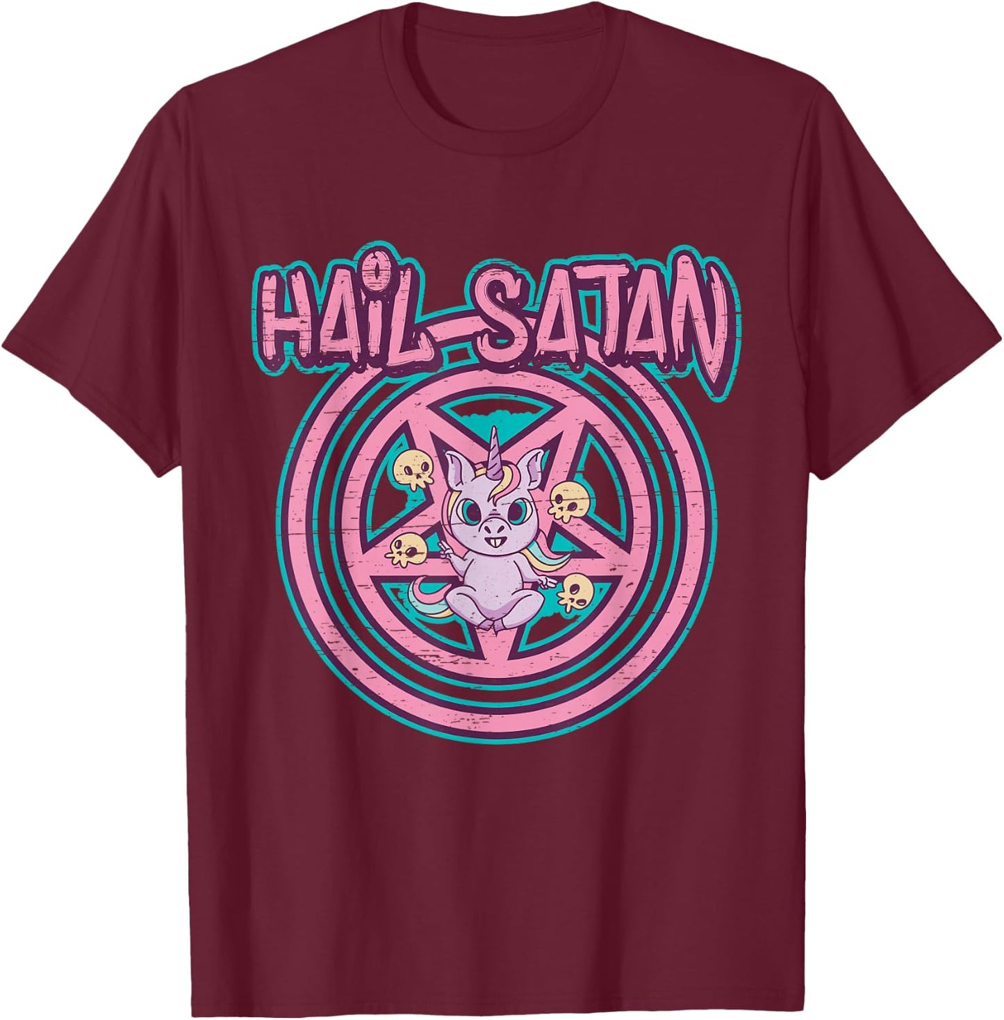 Hail Satan Death Metal Unicorn Black Dark Rock Death Metal , black T-Shirt - T-Shirt | Maroon