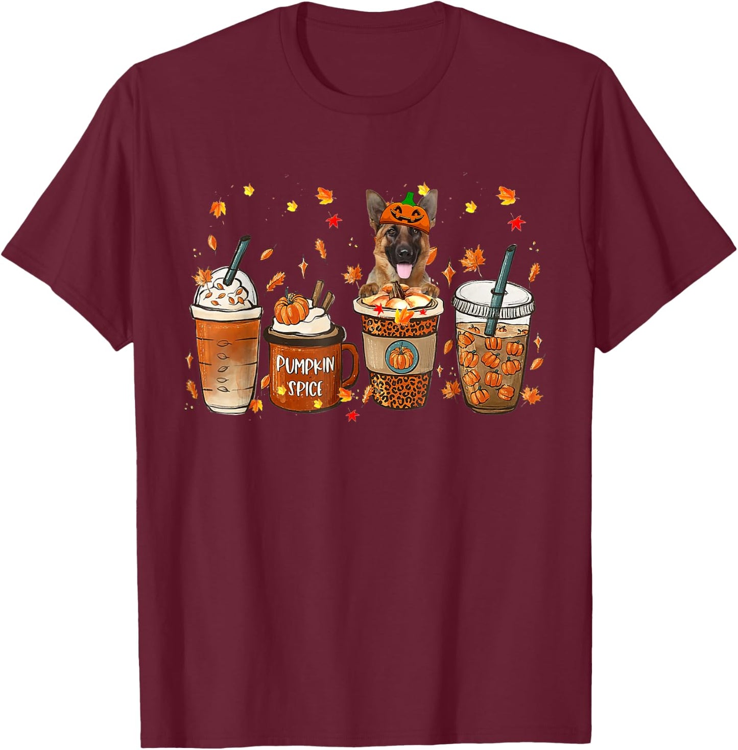 German Shepherd Fall Coffee Pumpkin Spice Latte Iced Autumn T-Shirt - T-Shirt | Maroon