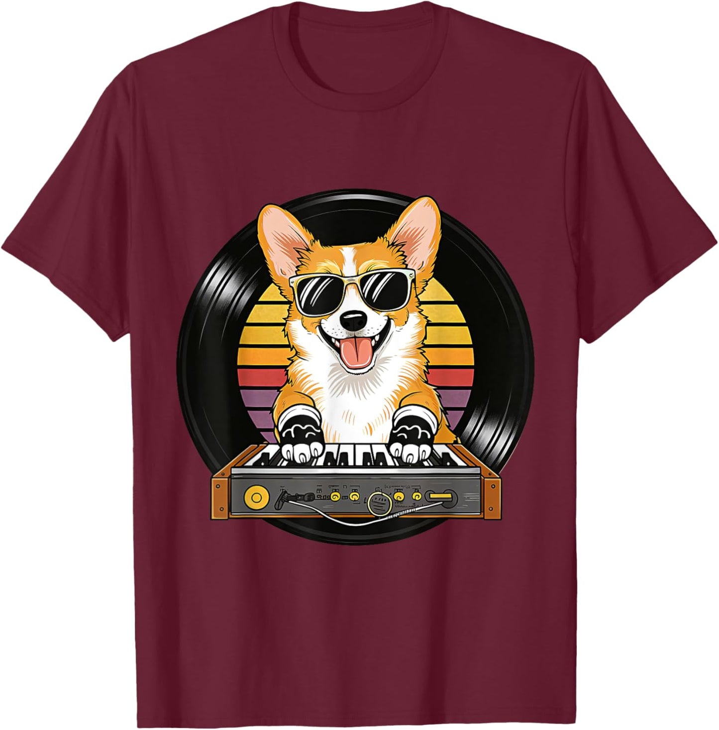 Funny Cute Corgi Synthesizer Dog Lover Playing Music Retro T-Shirt - T-Shirt | Maroon