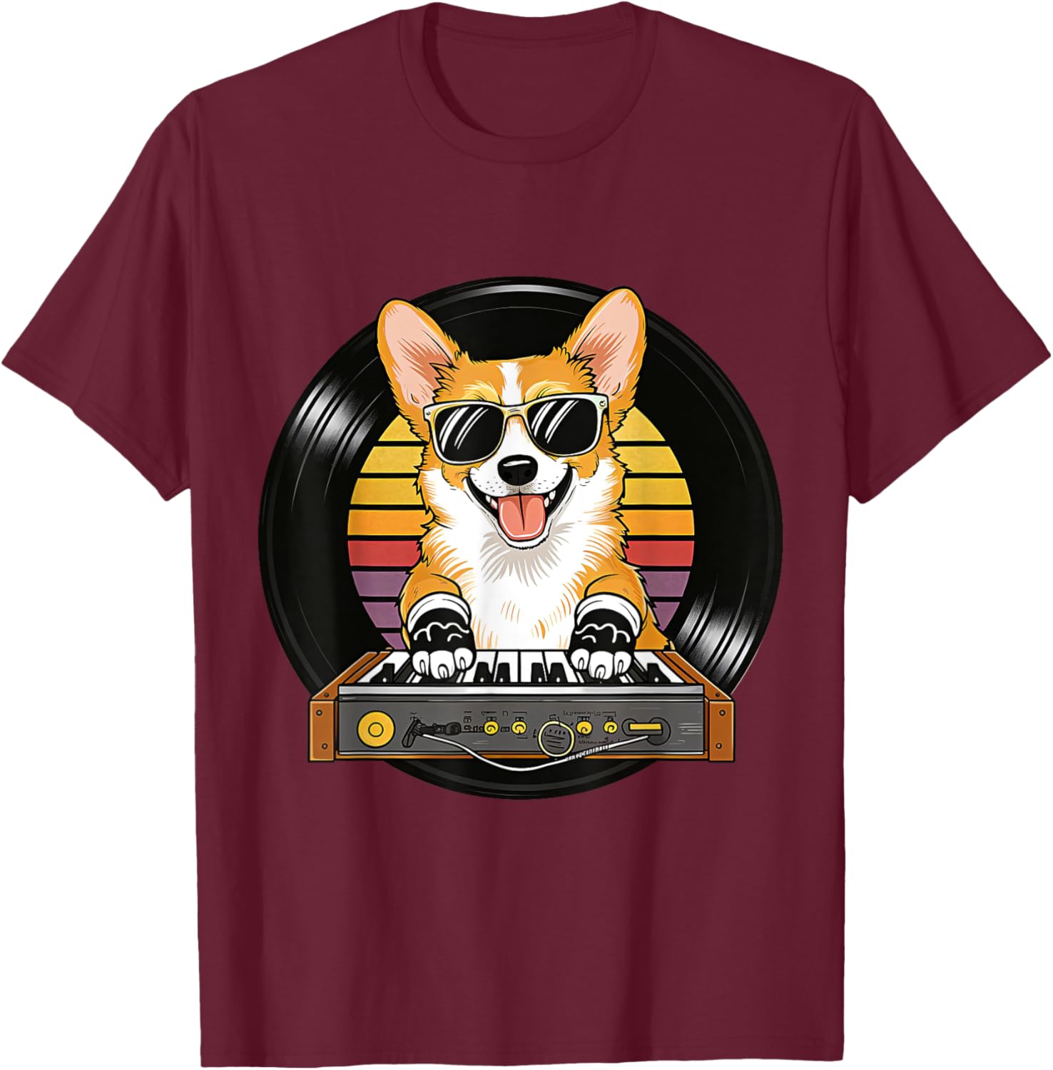 Funny Cute Corgi Synthesizer Dog Lover Playing Music Retro T-Shirt - T-Shirt | Maroon