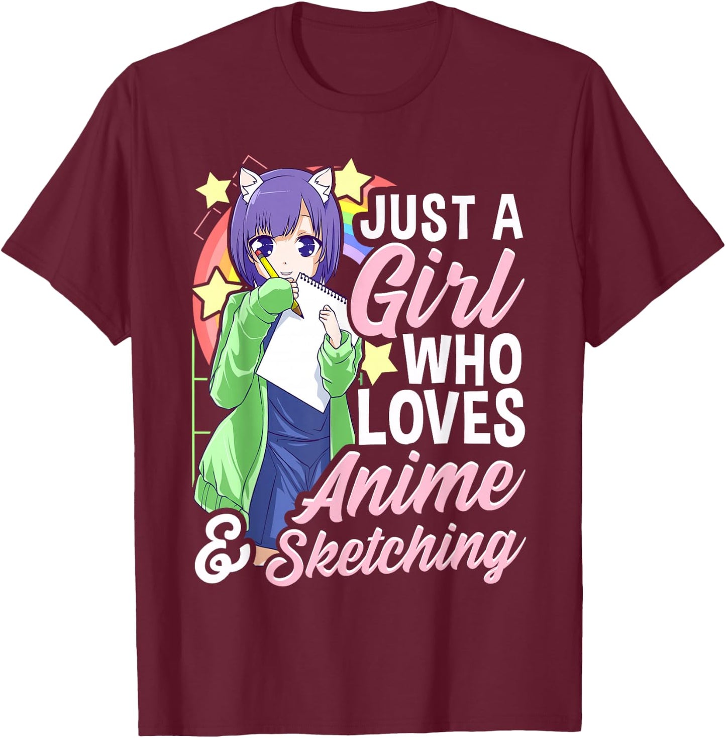 Anime Girl Just a Girl Who Loves Anime and Sketching Drawing Small T-Shirt - T-Shirt | Maroon