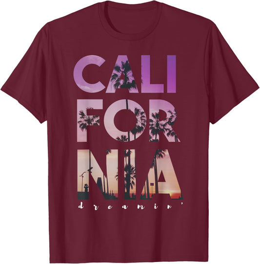 California Dreaming Beach Palm Tree Summer Vacation Surfing T-Shirt - T-Shirt | Maroon