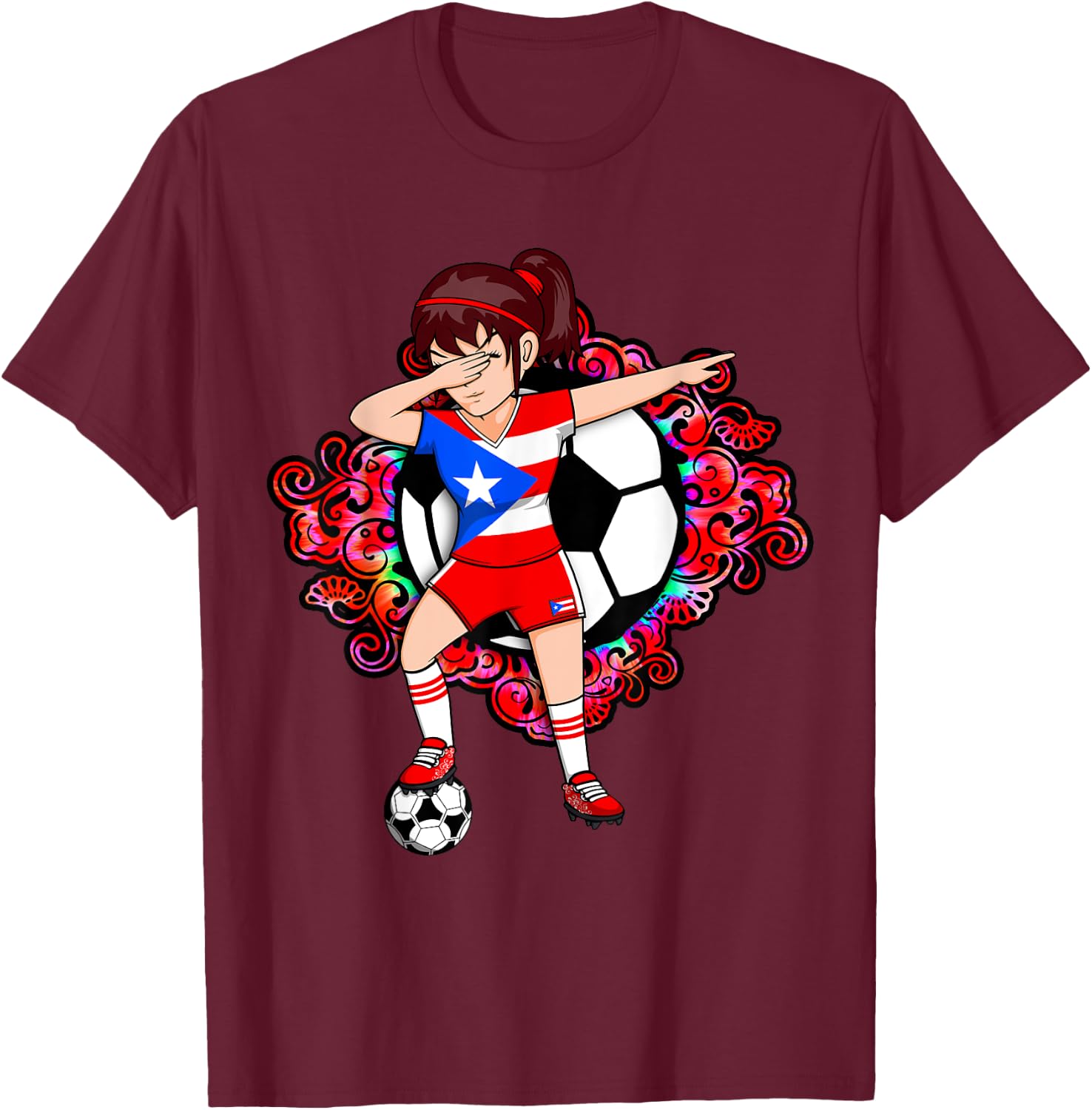 Dabbing Soccer Girl Puerto Rico Fans Jersey Football Flower T-Shirt - T-Shirt | Maroon