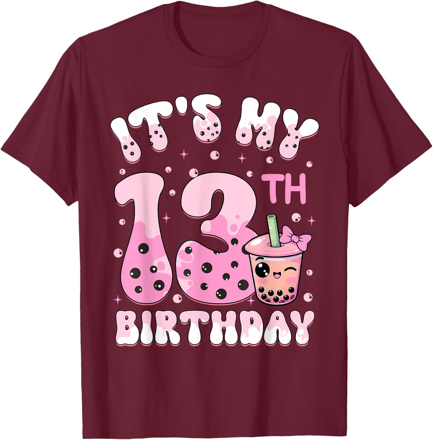 It's My 13th Birthday Coquette Bow Boba Tea Party 13 Years T-Shirt - T-Shirt | Maroon
