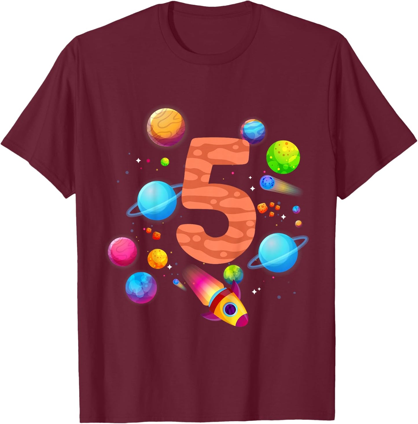 Children's 5th Birthday Boys 5 Years Planets Space Birthday , black, 80 T-Shirt - T-Shirt | Maroon