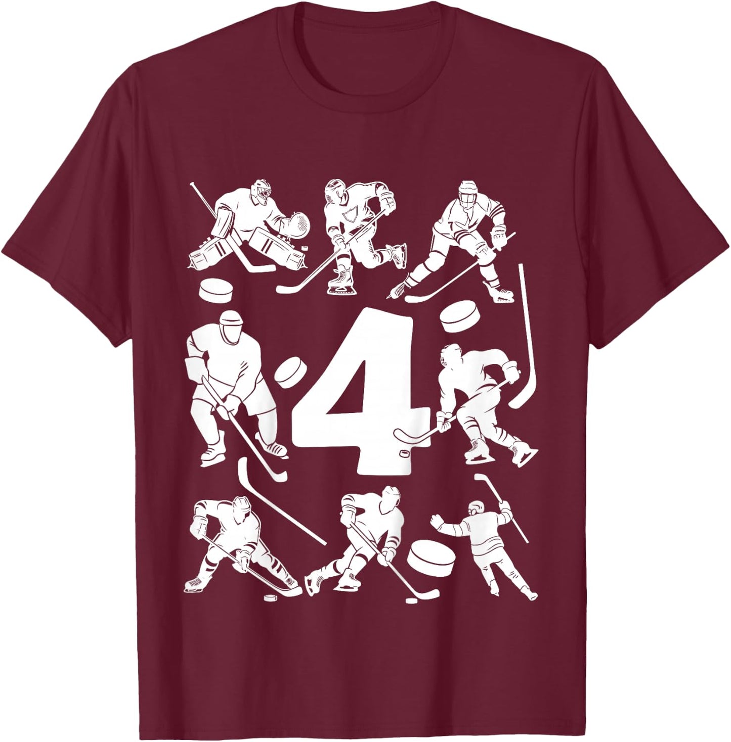 Number 4 Years Ice Hockey 4th Birthday T-Shirt - T-Shirt | Maroon