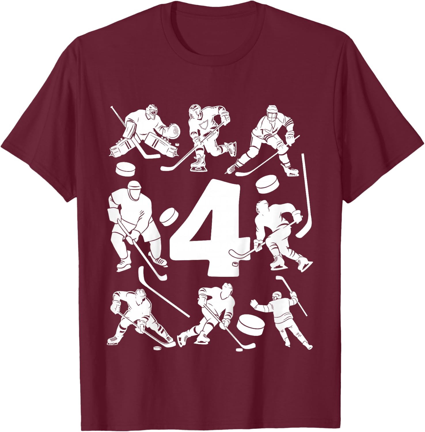 Number 4 Years Ice Hockey 4th Birthday T-Shirt - T-Shirt | Maroon