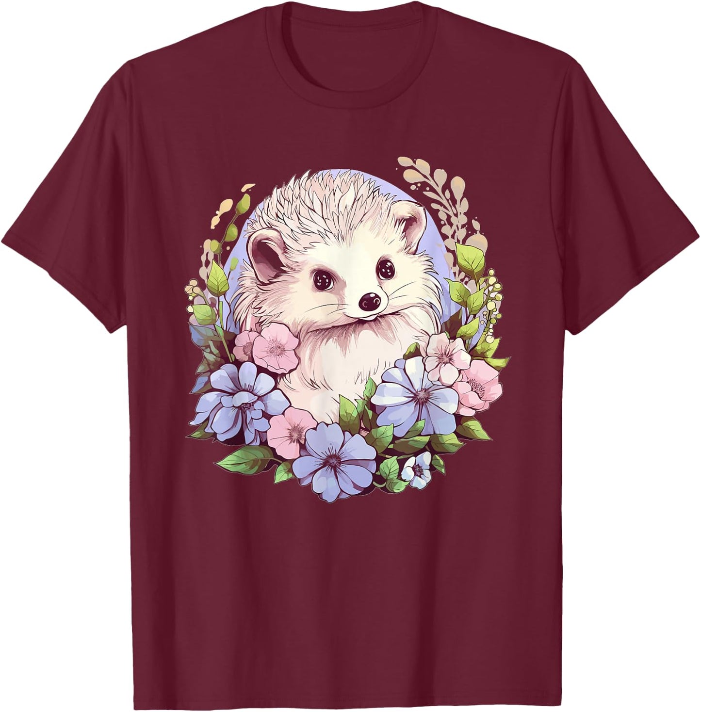 Cute Hedgehog With Flowers I Hedgehog T-Shirt - T-Shirt | Maroon