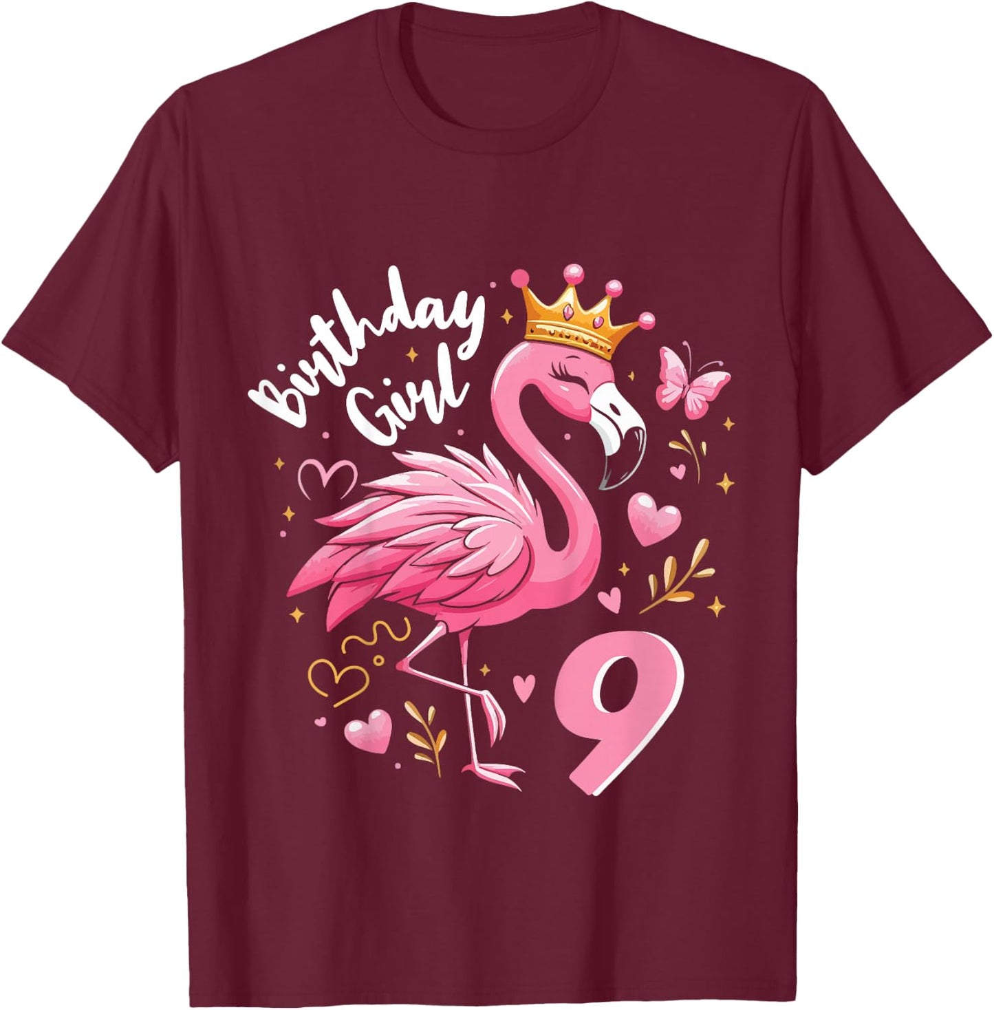 Kids 9th Birthday Gift Flamingo Fan 9 Year Old Girls 9th Bday T-Shirt - T-Shirt | Maroon