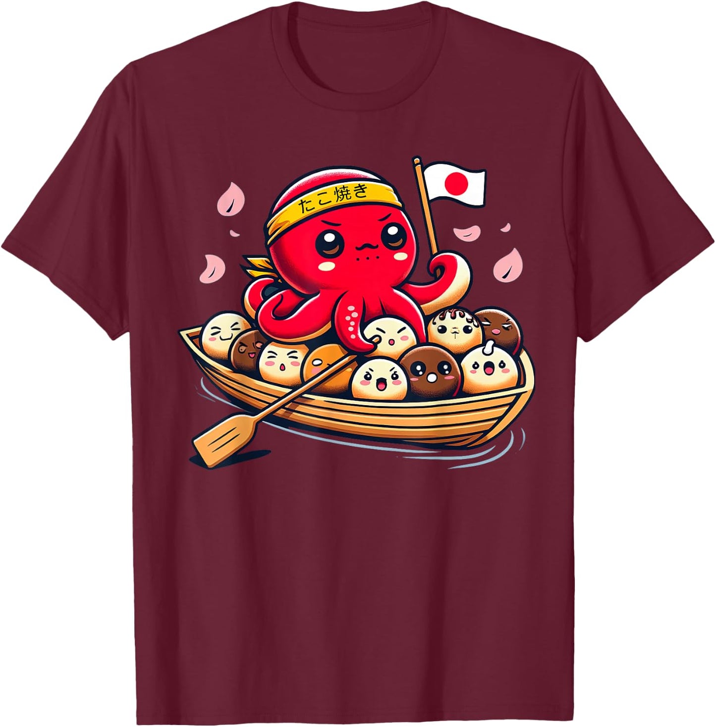 Cute Takoyaki and Octopus Japanese street food T-Shirt - T-Shirt | Maroon