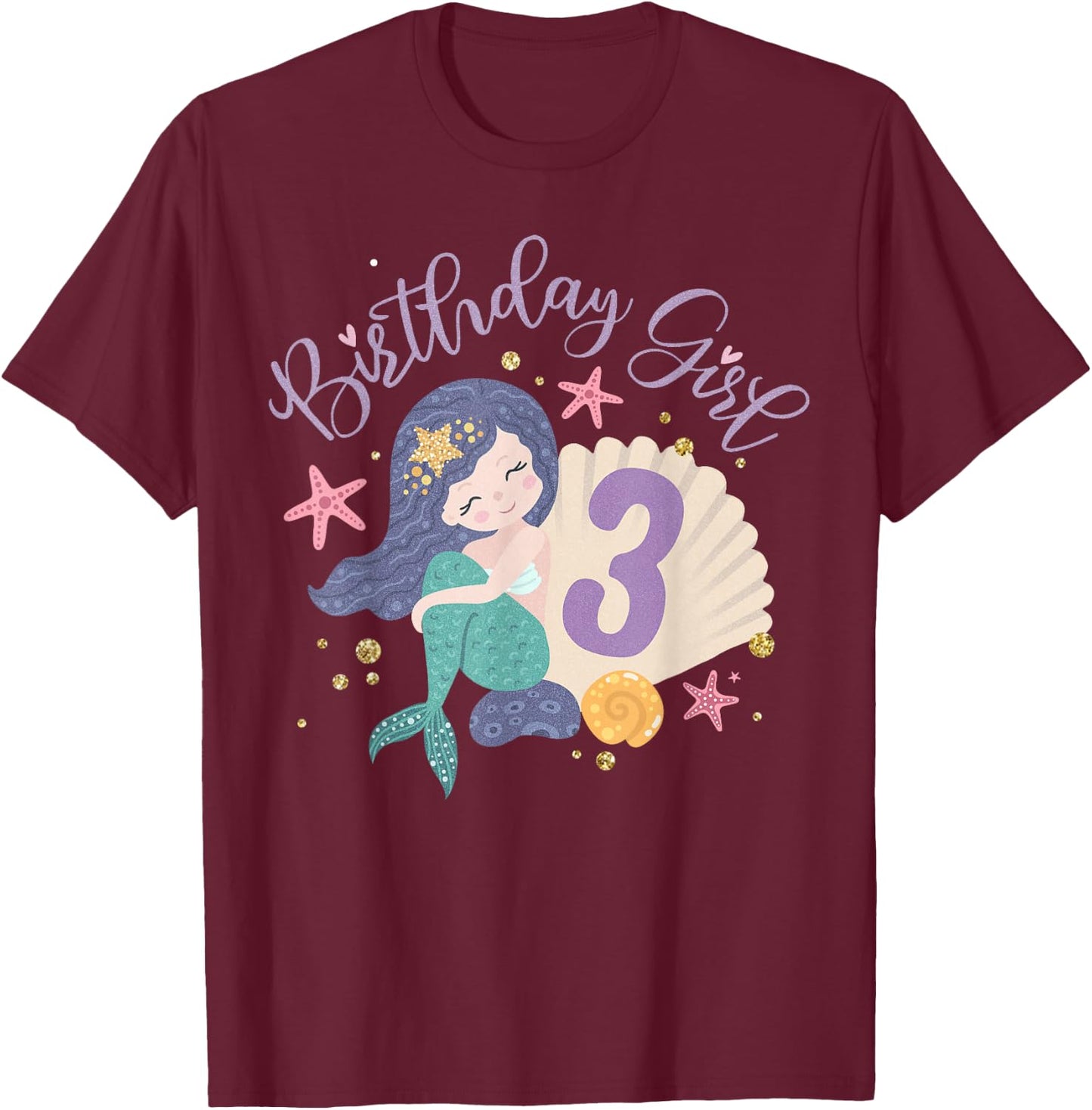 Birthday Girl 3rd Birthday Mermaid Girl 3 Years Old T-Shirt - T-Shirt | Maroon