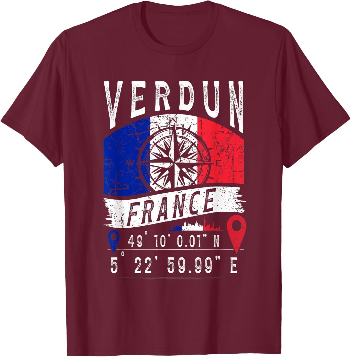 Verdun France Flag GPS Coordinates of Verdun , Black, S T-Shirt - T-Shirt | Maroon