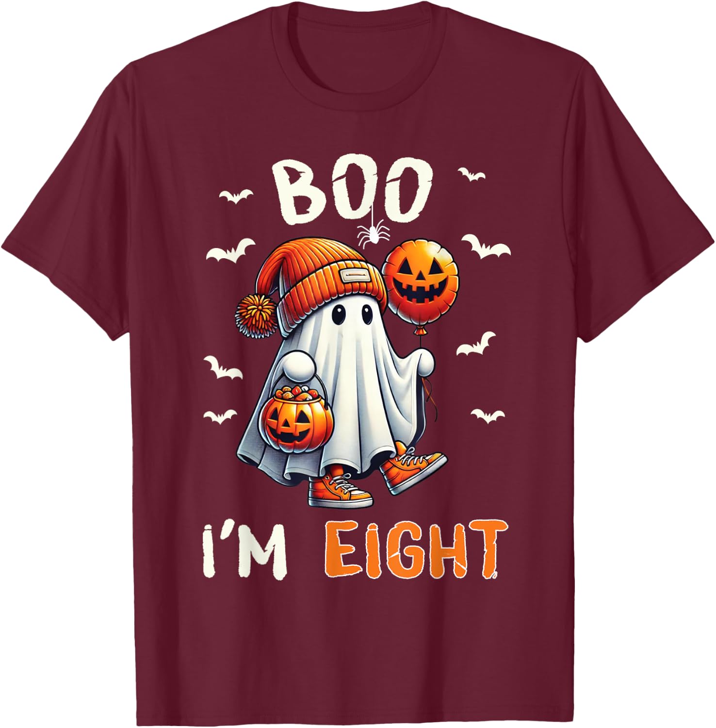Boo I'm Eight Ghost 8th Birthday Halloween Boy Kids Groovy T-Shirt - T-Shirt | Maroon