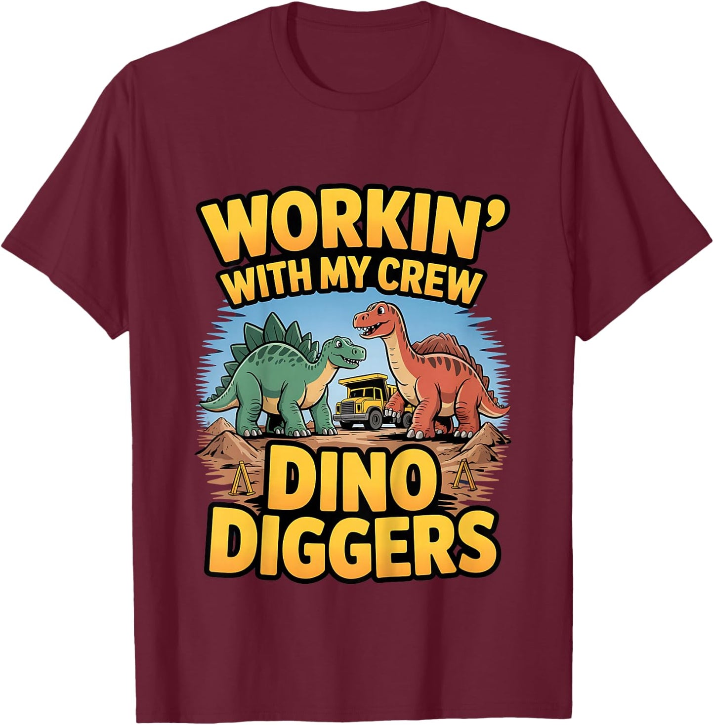Kids Dino Diggers Construction Team Work Party Outfit T-Shirt - T-Shirt | Maroon