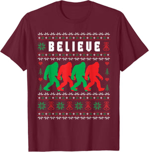 Christmas Bigfoot Believe Sasquatch Ugly Christmas Sweater T-Shirt - T-Shirt | Maroon