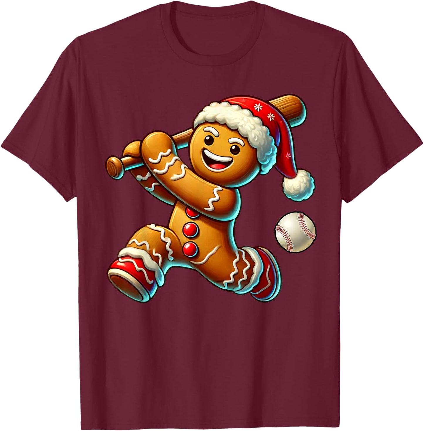 Funny Gingerbread Baseball Ugly Christmas Cookie T-Shirt - T-Shirt | Maroon