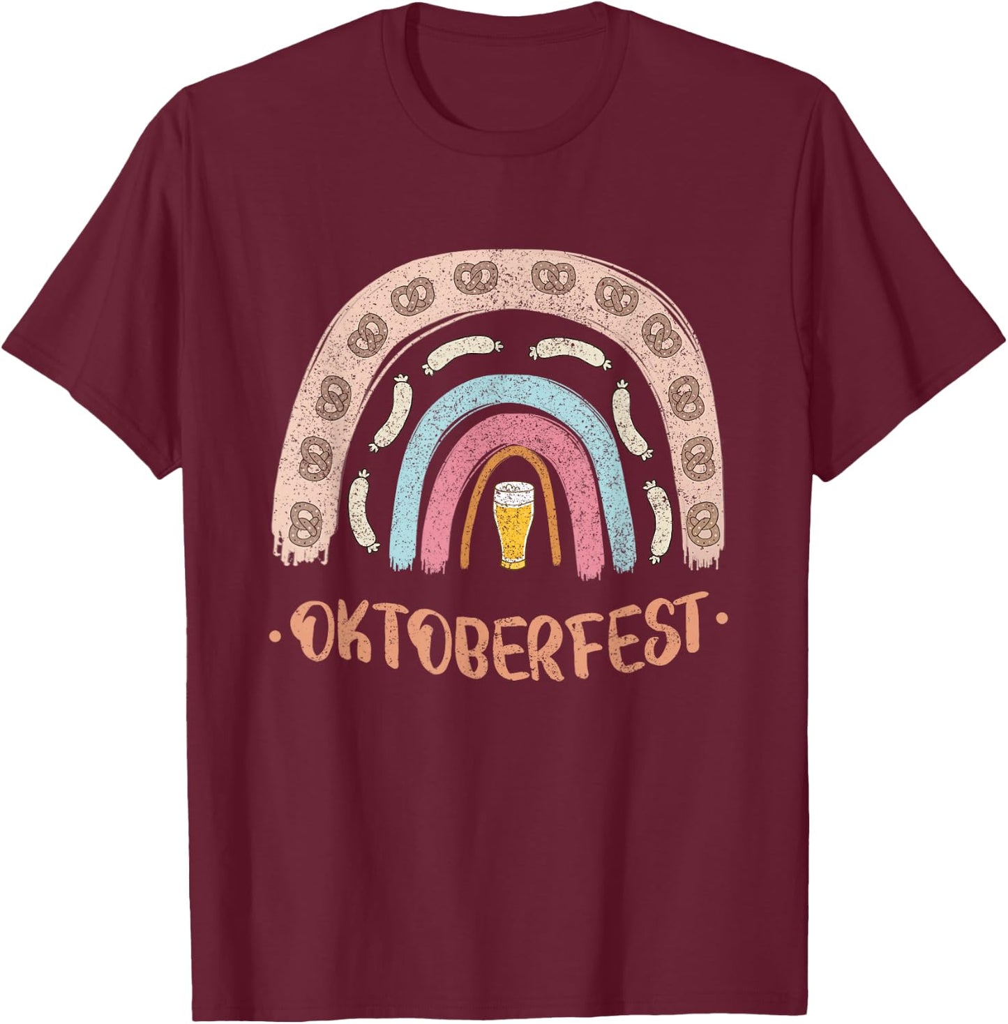 German Oktoberfest Sausage Pretzel Beer Vintage Rainbow T-Shirt - T-Shirt | Maroon