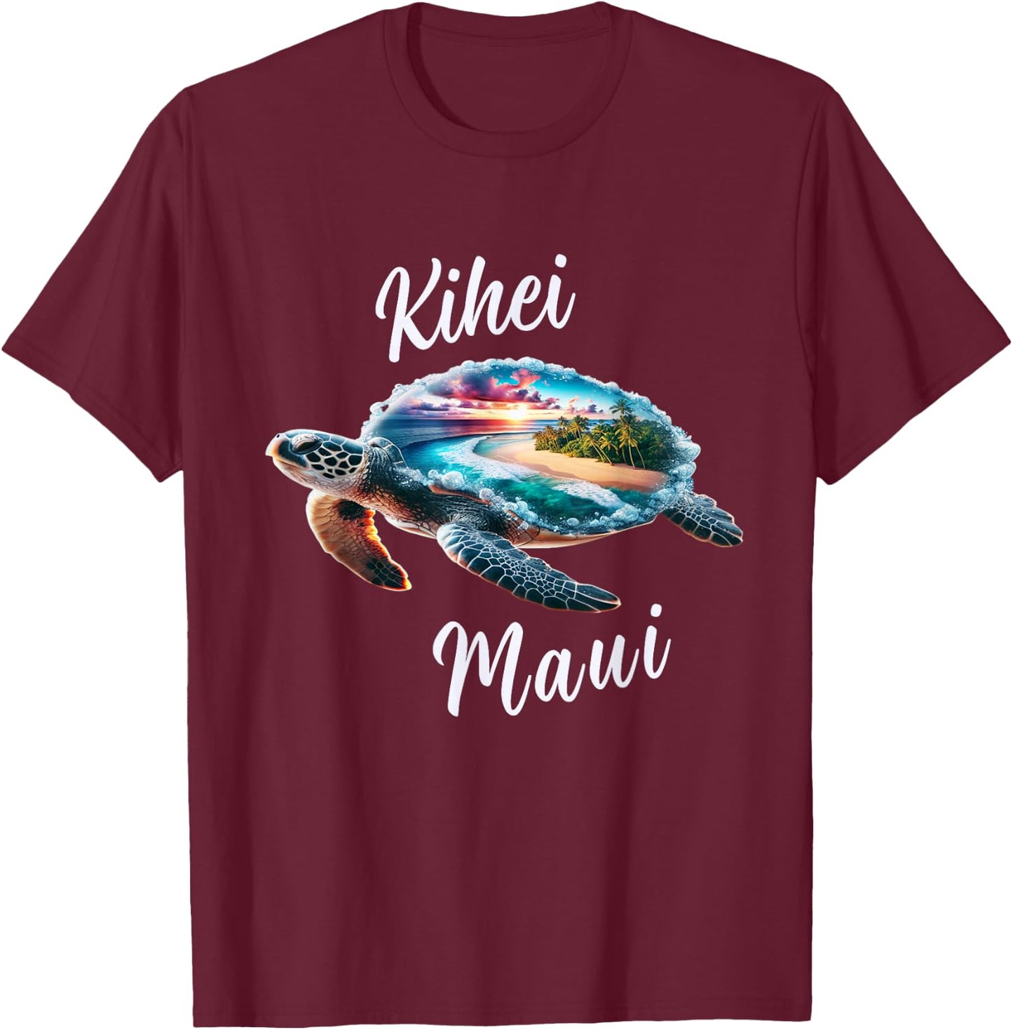 Kihei Maui Hawaii Beach on Sea Turtle T-Shirt - T-Shirt | Maroon
