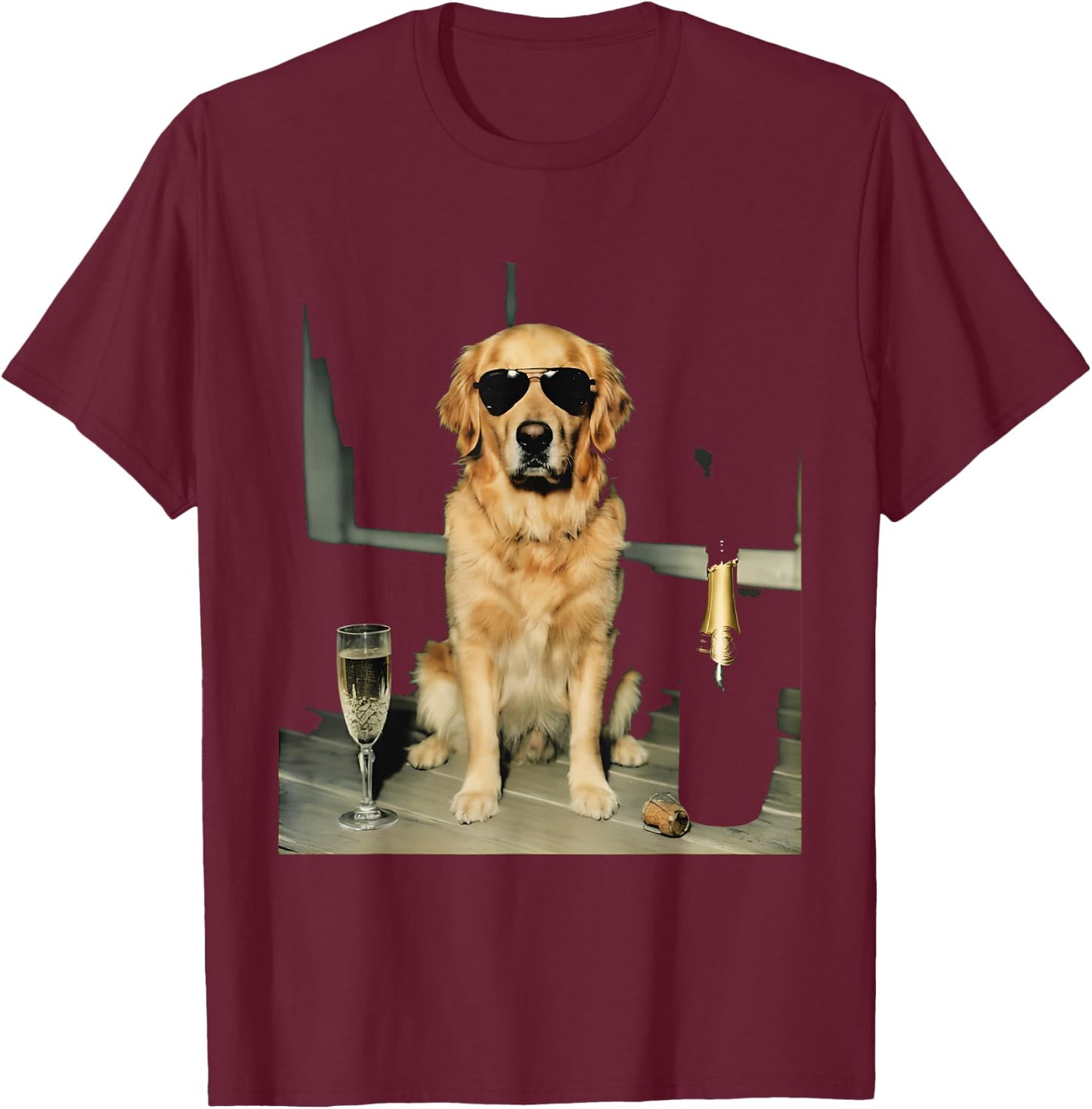 Golden Retriever Drinking Champagne Funny Dog Sunglasses T-Shirt - T-Shirt | Maroon