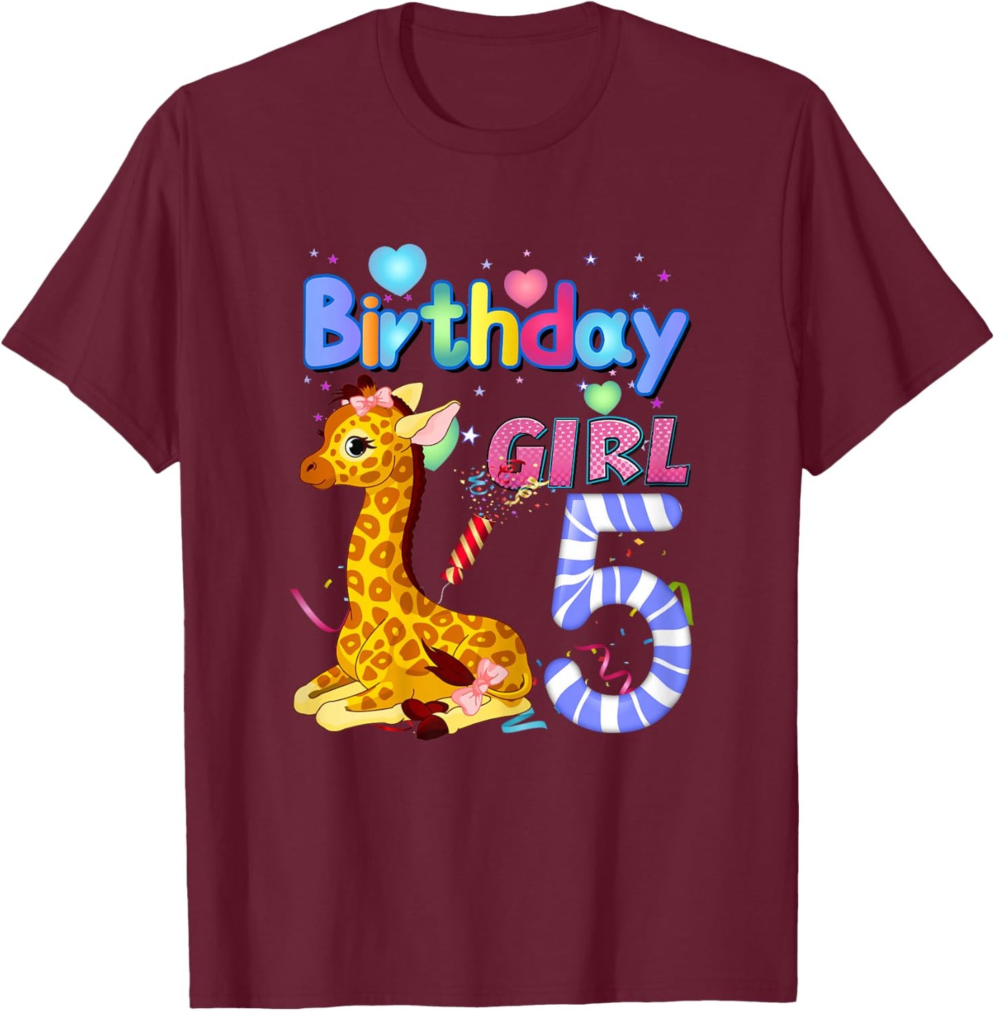 Giraffe Birthday For Girl 5th Giraffe Birthday 5 Year Old) T-Shirt - T-Shirt | Maroon