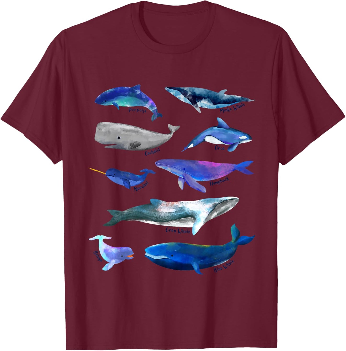 Whales Drawings - Whales Species T-Shirt - T-Shirt | Maroon
