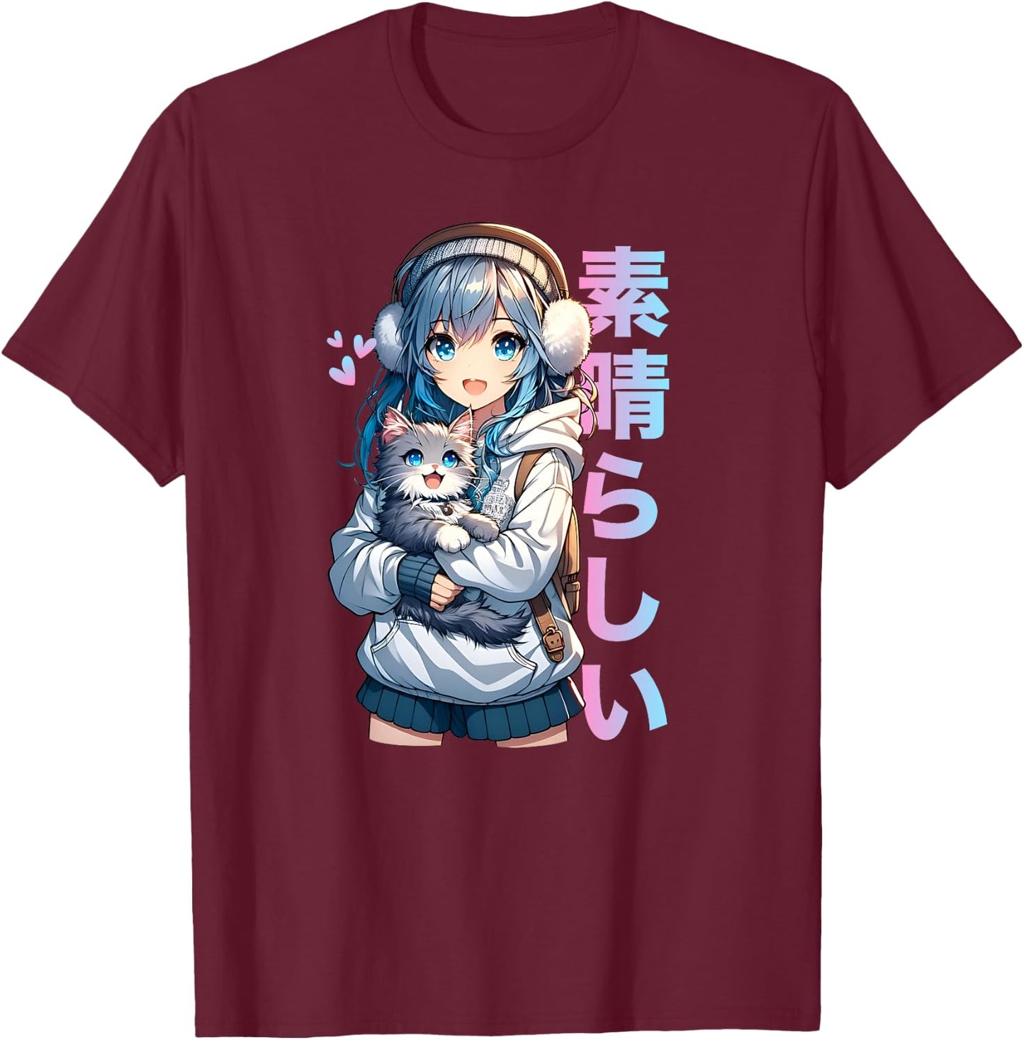 Mignon Anime Fille avec Un Chat pour Amoureux des Chats Kawaii Otaku Manga Haut de Gamme T-Shirt - T-Shirt | Maroon