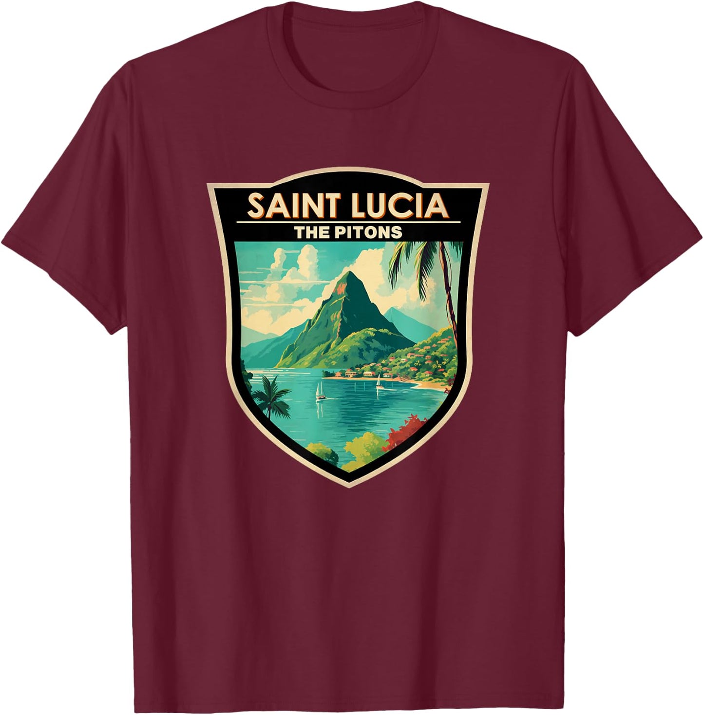 Saint Lucia The Pitons Travel Art Landmark Badge Vintage T-Shirt - T-Shirt | Maroon