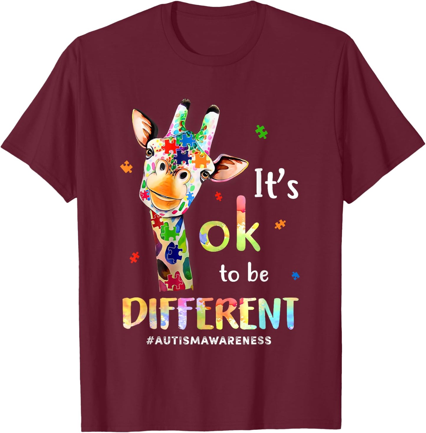 Its Ok To Be Different Autism Awareness Giraffe T-Shirt - T-Shirt | Maroon