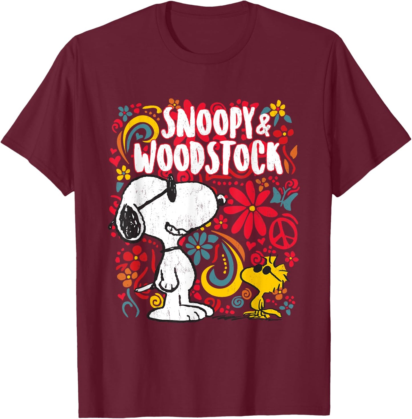Peanuts Snoopy et Woodstock Motif floral années 70 T-Shirt - T-Shirt | Maroon