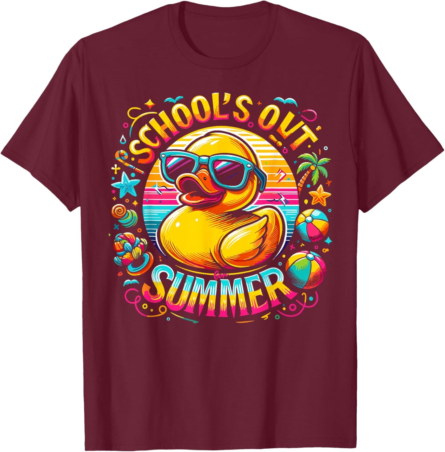 Schools Out For Summer Teacher Girls Boys Kids Yellow Duck T-Shirt - T-Shirt | Maroon