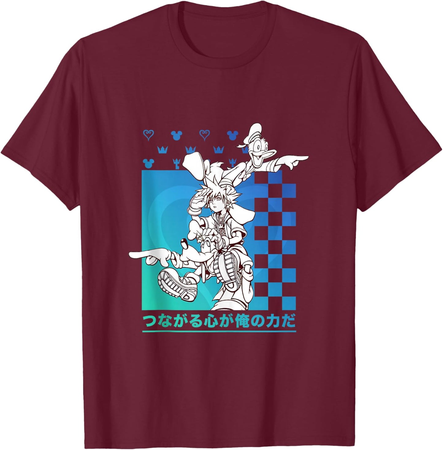 Disney Kingdom Hearts Sora Donald Goofy Kanji Checkerboard T-Shirt - T-Shirt | Maroon