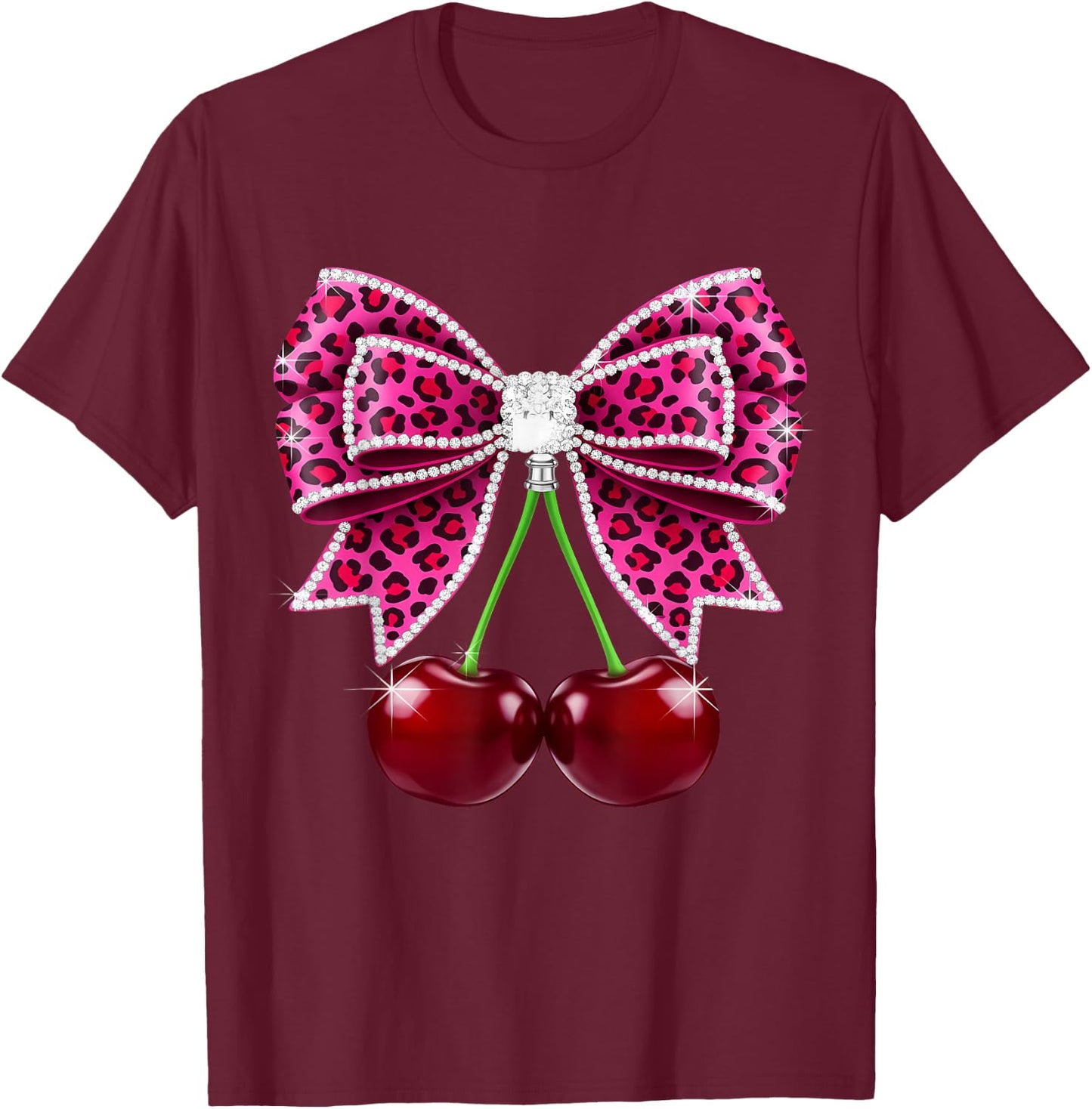 Cherry Leopard Coquette Bow Cute Cherries T-Shirt - T-Shirt | Maroon