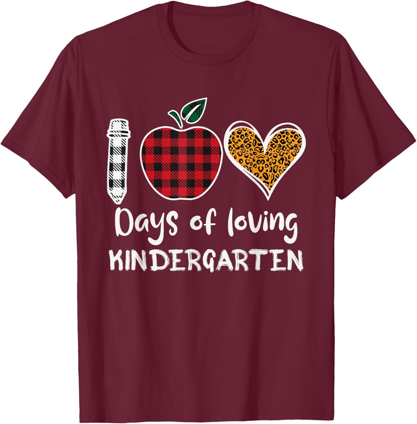 Leopard Plaid 100 Days Of Loving Kindergarten Teacher Kids T-Shirt - T-Shirt | Maroon
