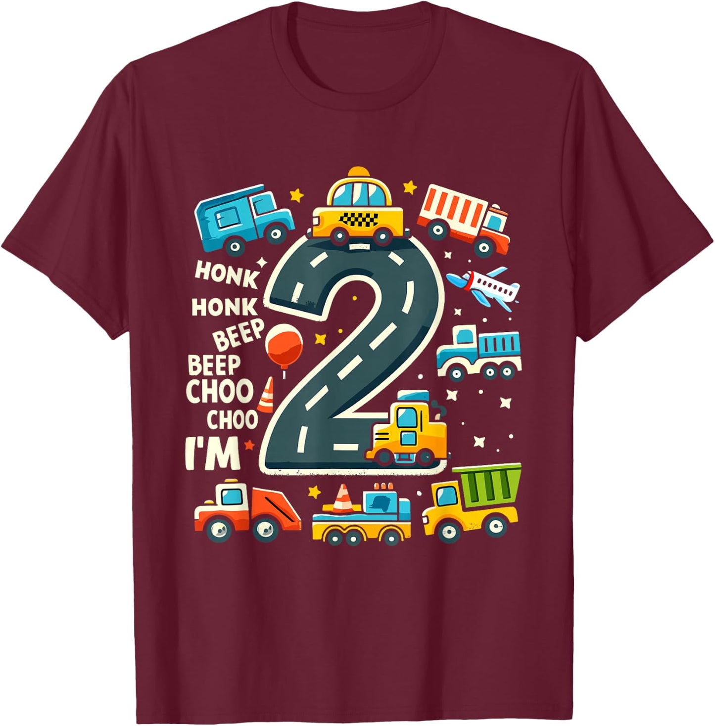 2 Year Old Birthday Boy Truck Car Transport , black T-Shirt - T-Shirt | Maroon