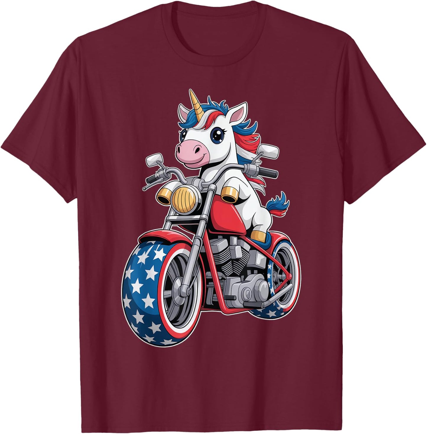 Kawaii Unicorn on Motorcycle T-Shirt - T-Shirt | Maroon