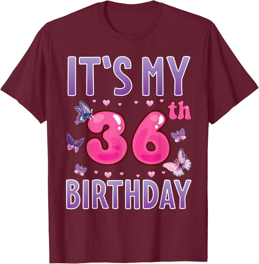 Butterflies Hearts Happy 36 Years Old It's My 36th Birthday T-Shirt - T-Shirt | Maroon