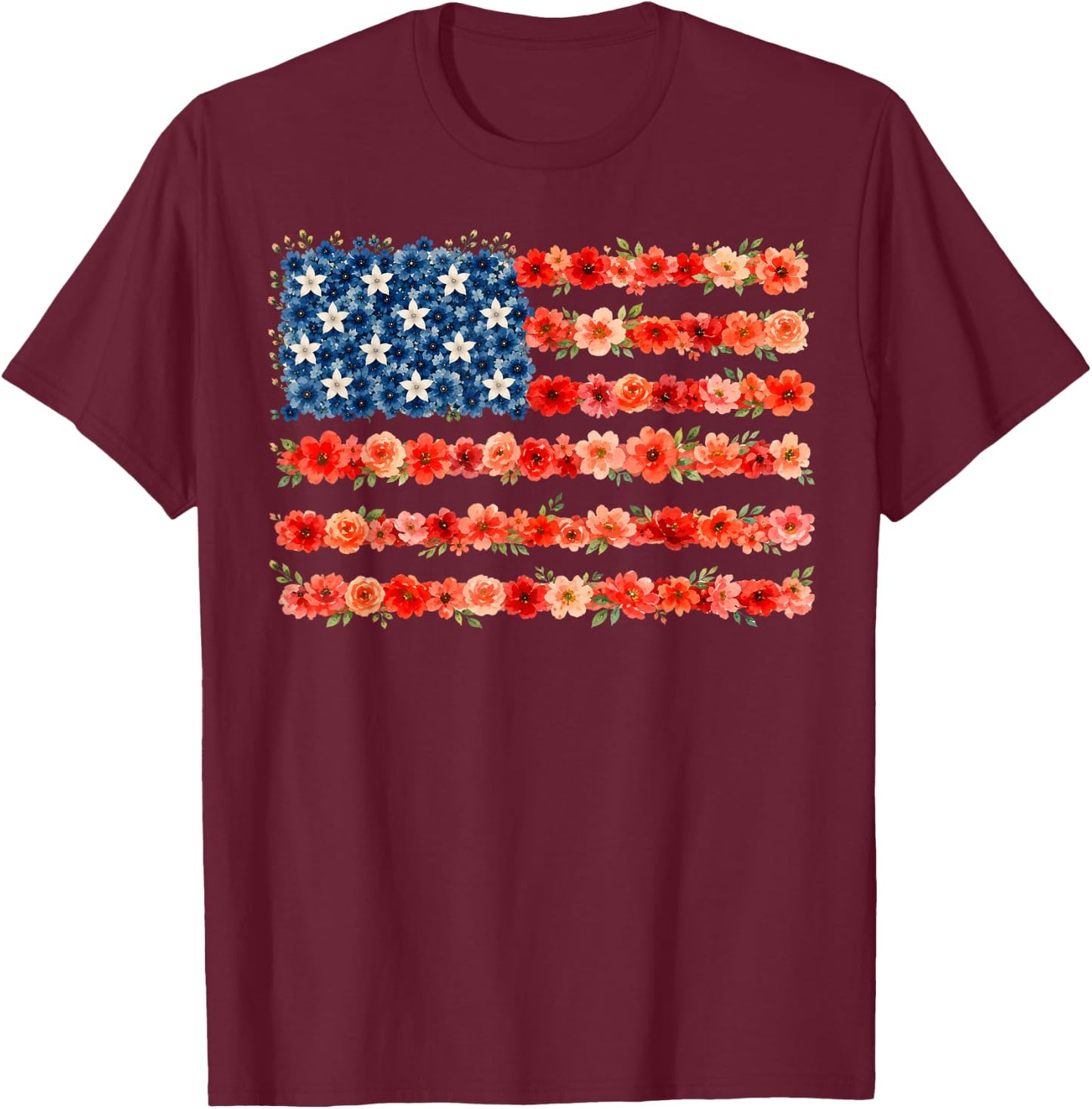 Floral American Flag Flowers Wildflowers 4th of July Women T-Shirt - T-Shirt | Maroon