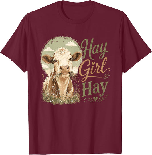Hay Girl Hay Cow Farm T-Shirt - T-Shirt | Maroon