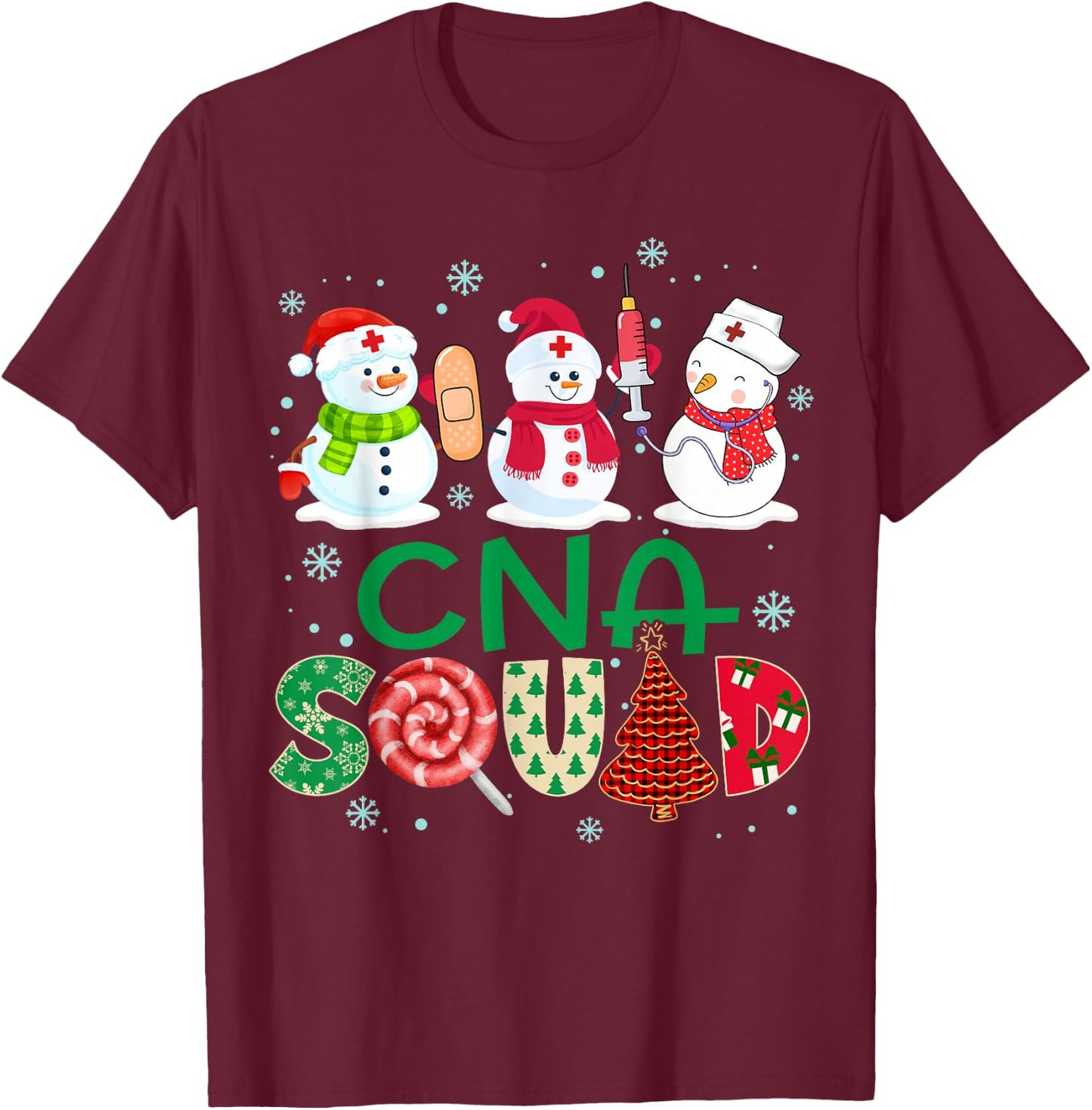 CNA Squad Nurse Snowmies Stethoscope Christmas Pine Plaid T-Shirt - T-Shirt | Maroon