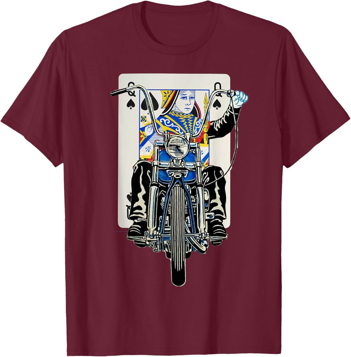 Biker Queen of Spades Playing Card Rider Motorcycle T-Shirt - T-Shirt | Maroon