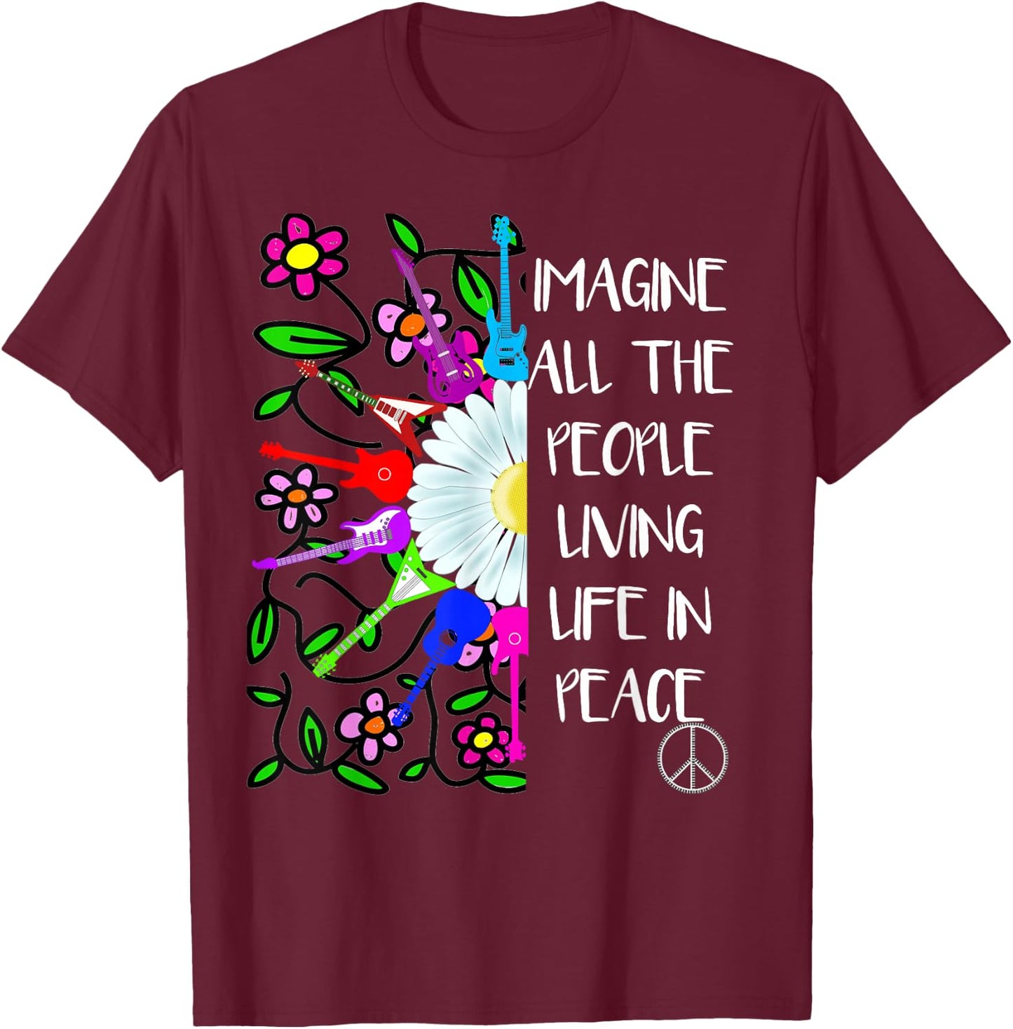 Imagine Peace Groovy Hippie Colorful 70s Folk Rock Music T-Shirt - T-Shirt | Maroon