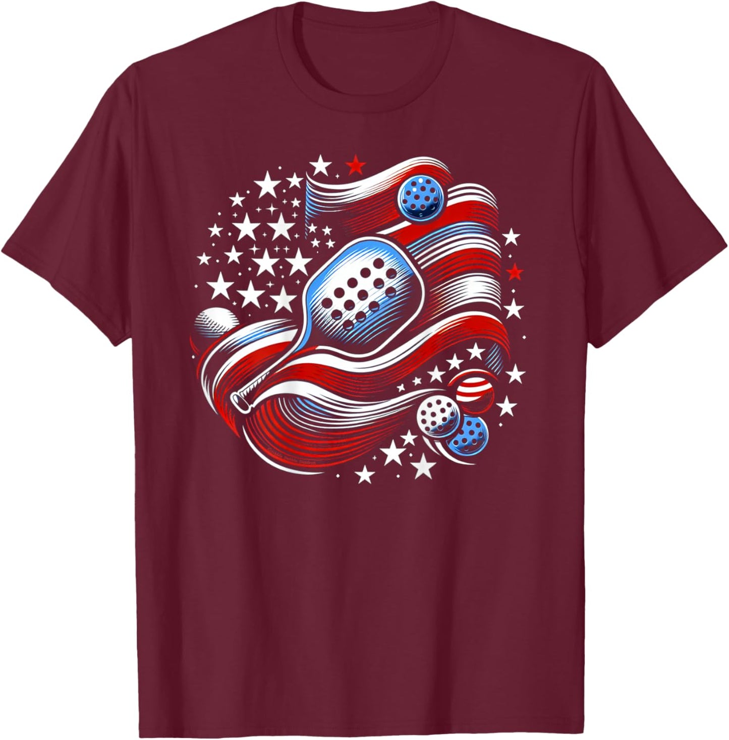Design on Back Patriotic Stars Stripes USA Flag Pickleball T-Shirt - T-Shirt | Maroon