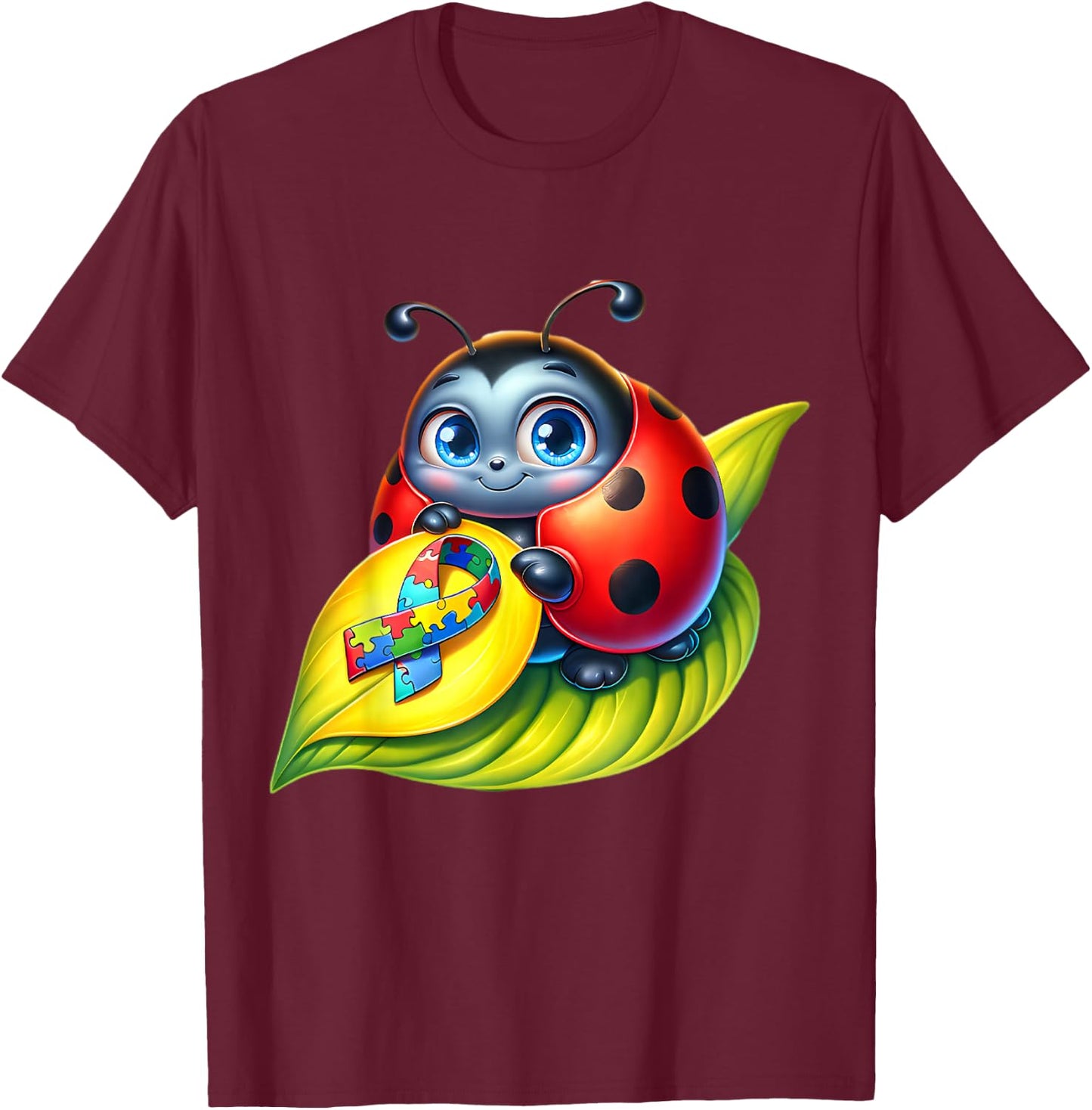 Autism Awareness Cute Ladybug Yellow Red Blue Bug Ribbon T-Shirt - T-Shirt | Maroon