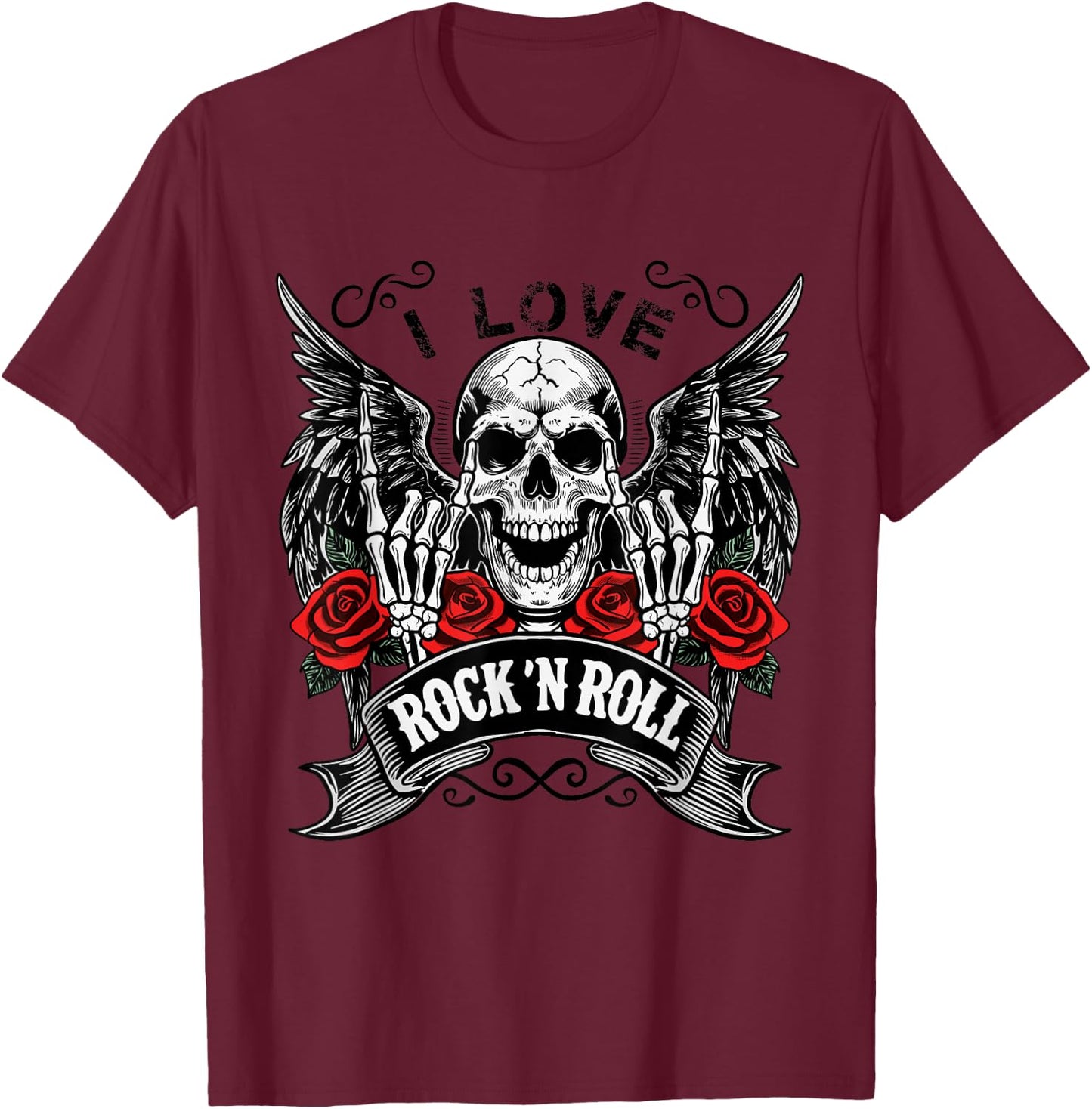 I Love Rock and Roll Rock & Roll Vintage Retro Skeleton Hands T-Shirt - T-Shirt | Maroon