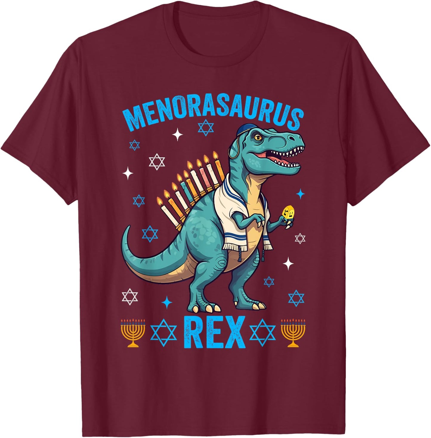 Funny Hanukkah Menorasaurus Trex Dinosaur Jewish Chanukah T-Shirt - T-Shirt | Maroon