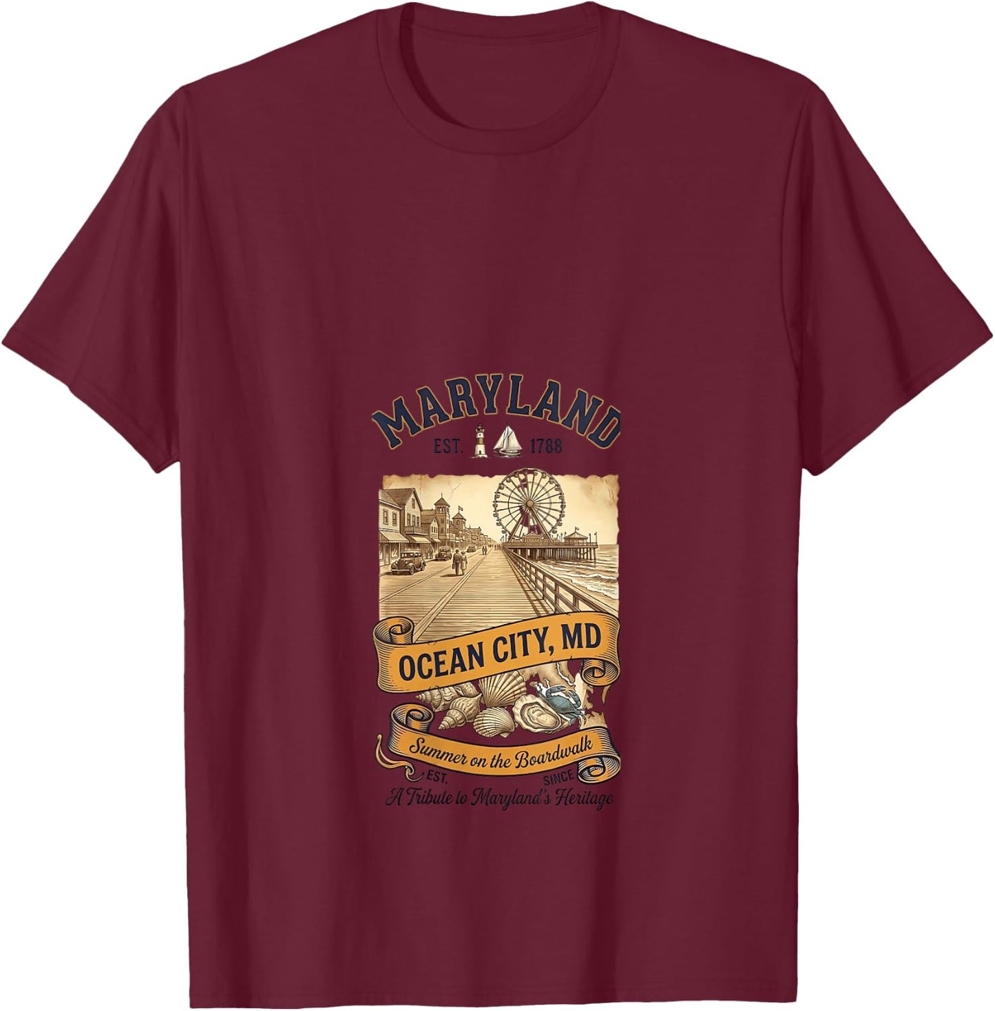 Women's Vintage Ocean City Maryland Boardwalk Ferris Wheel Promenade V-Neck T-Shirt - T-Shirt | Maroon