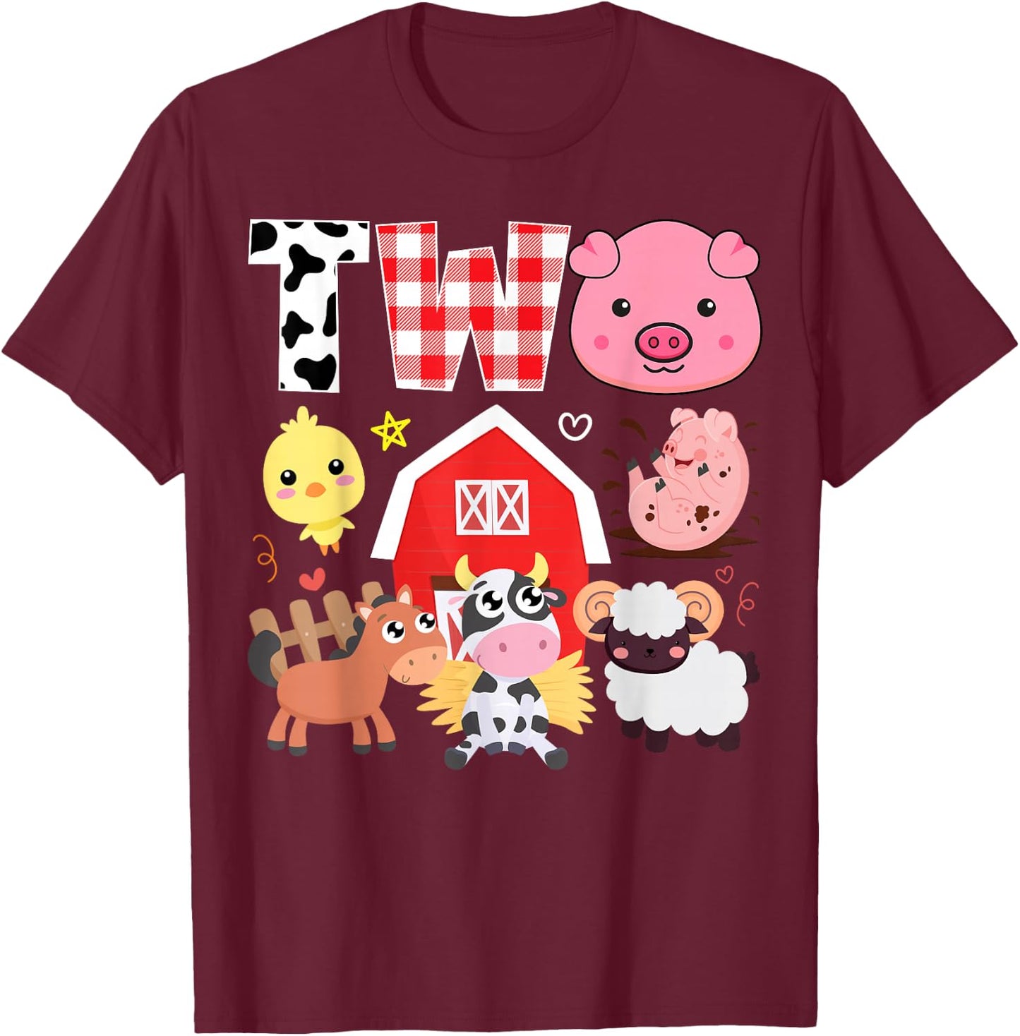 2nd Birthday Two Year Old Farm Theme Animals Birthday Party T-Shirt - T-Shirt | Maroon