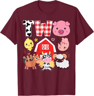 2nd Birthday Two Year Old Farm Theme Animals Birthday Party T-Shirt - T-Shirt | Maroon