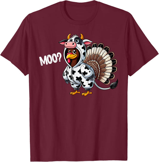 Turkey Moo Funny Thanksgiving Fake Cow Costume Halloween T-Shirt - T-Shirt | Maroon