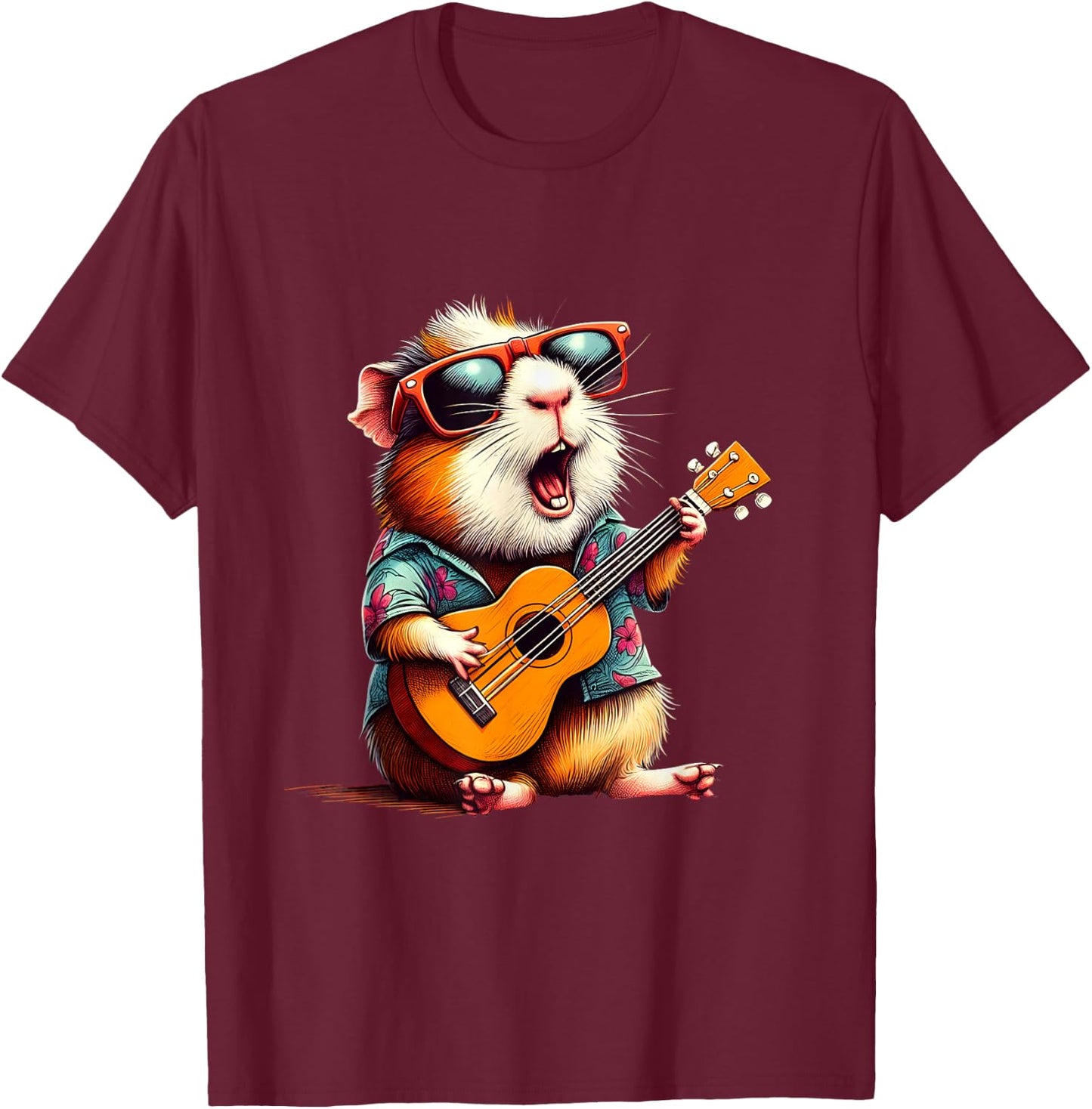 Guinea Pig Wearing a Hawaiian Shirt, Playing a Ukulele T-Shirt - T-Shirt | Maroon
